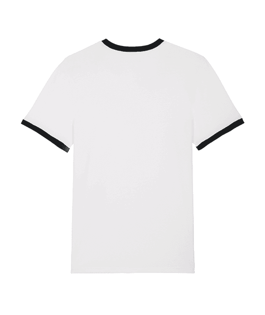 Tee shirt avec liseré noir et dessin d'une fille en noir et blanc