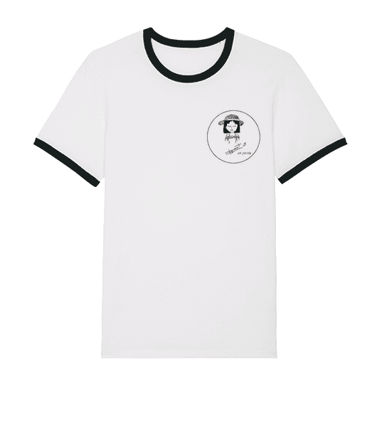 Tee shirt avec liseré noir et dessin d'une fille en noir et blanc